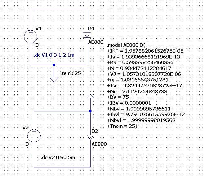 【LTspice】ダイオードのVf-If特性の再現【モデルを自作】_AE880のVf-If特性(LTspice回路図・パラメータ)
