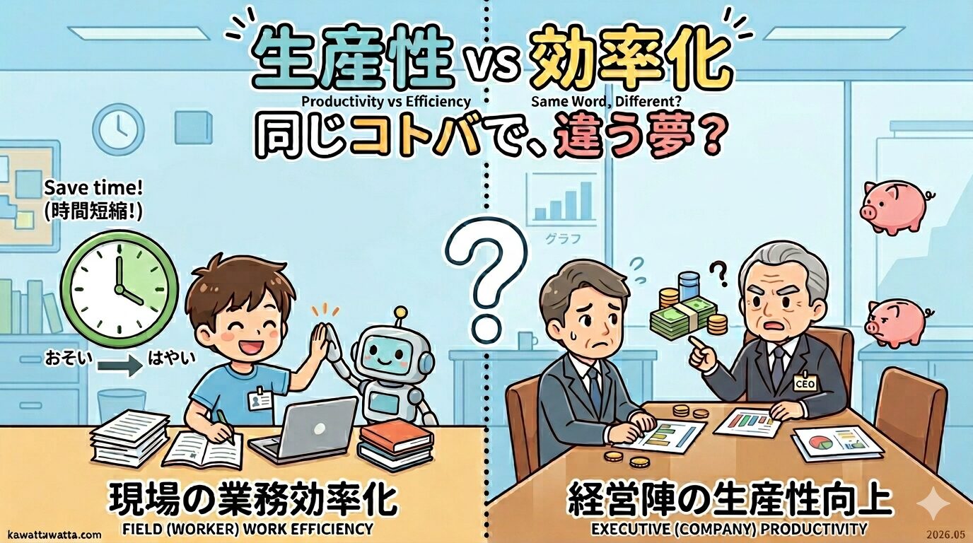 生産性向上と業務効率化は別なんですよという事をおさえればDXはうまくいくとは限らないが経営陣と話す前提ぐらいは押さえられると思う